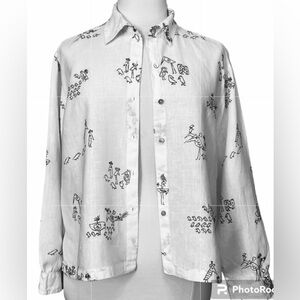 Chico’s Long Sleeve Chicks & Birds Boxy Button Up White Linen Shirt Black Birds